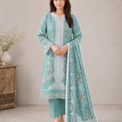 Winter Cotton Suit with Printed Zig Zag Jacquard Dupatta