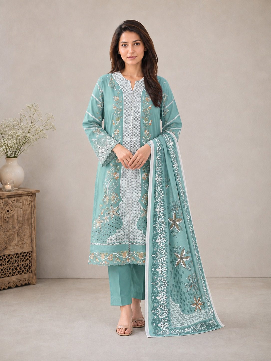 Winter Cotton Suit with Printed Zig Zag Jacquard Dupatta