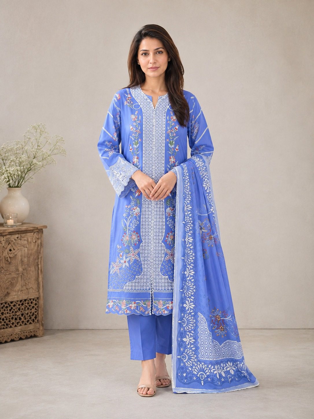 Winter Cotton Suit with Printed Zig Zag Jacquard Dupatta - Image 4