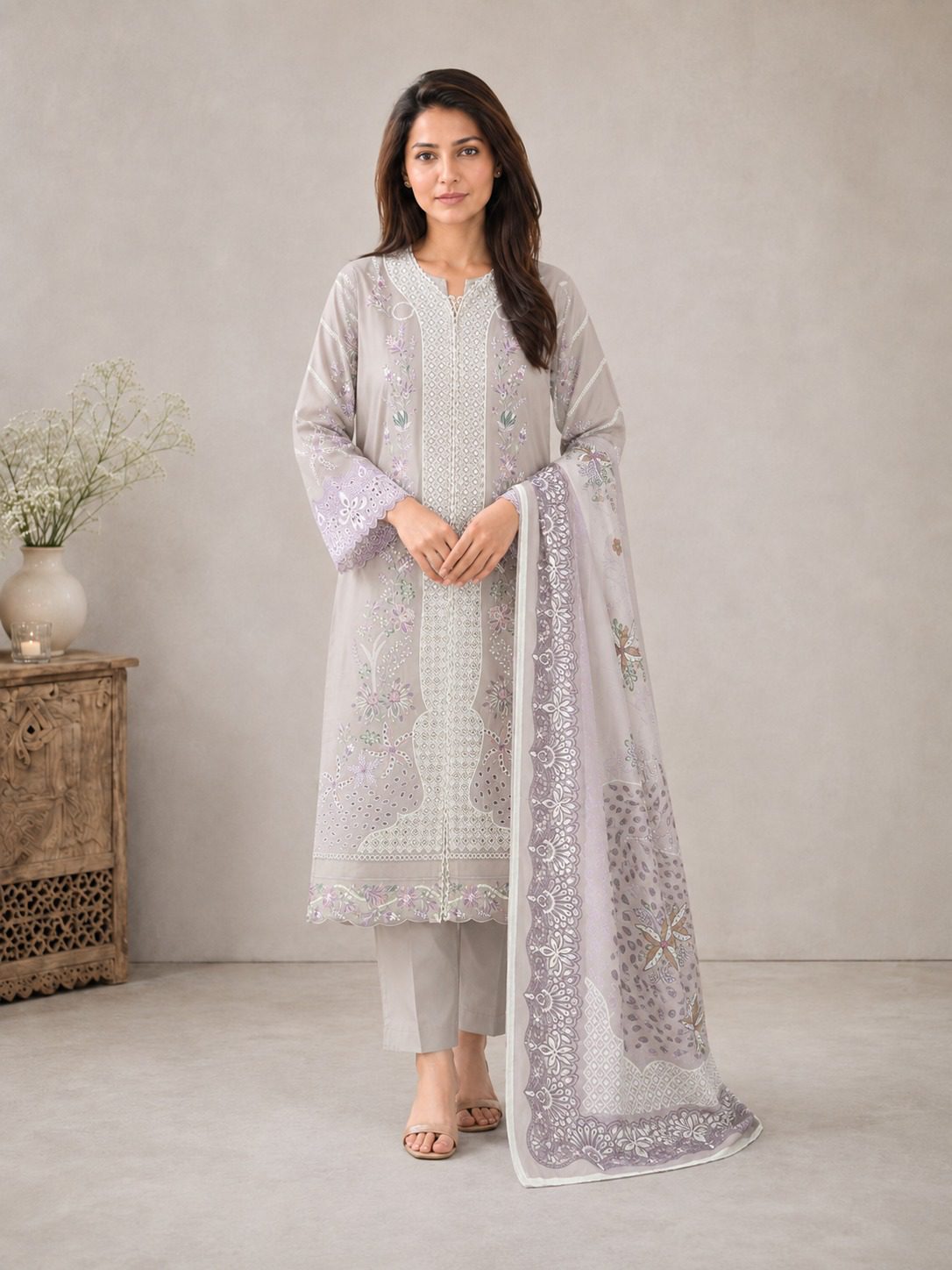 Winter Cotton Suit with Printed Zig Zag Jacquard Dupatta - Image 3
