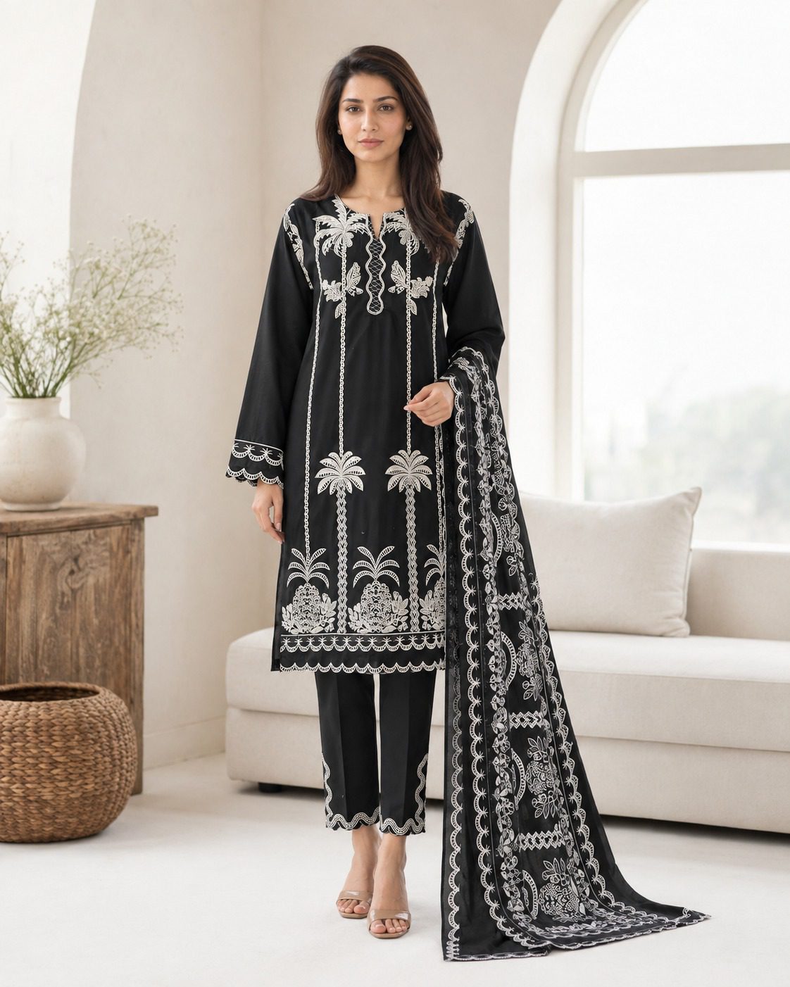 Winter Cotton Suit with Printed Zig Zag Jacquard Dupatta - Image 2