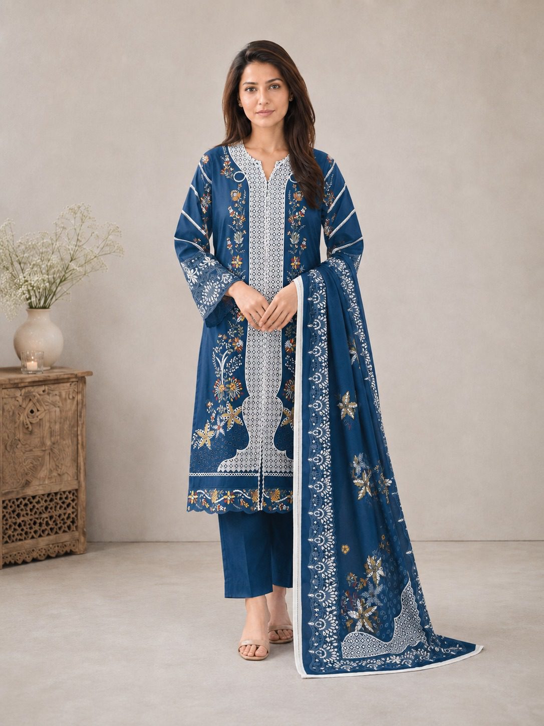 Winter Cotton Suit with Printed Zig Zag Jacquard Dupatta - Image 2