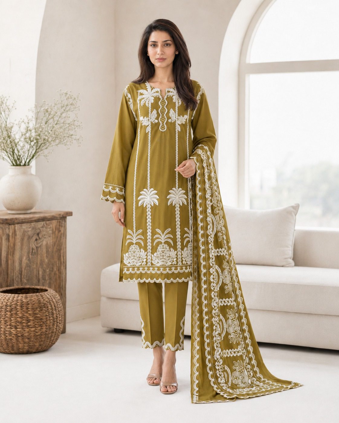 Winter Cotton Suit with Printed Zig Zag Jacquard Dupatta - Image 3