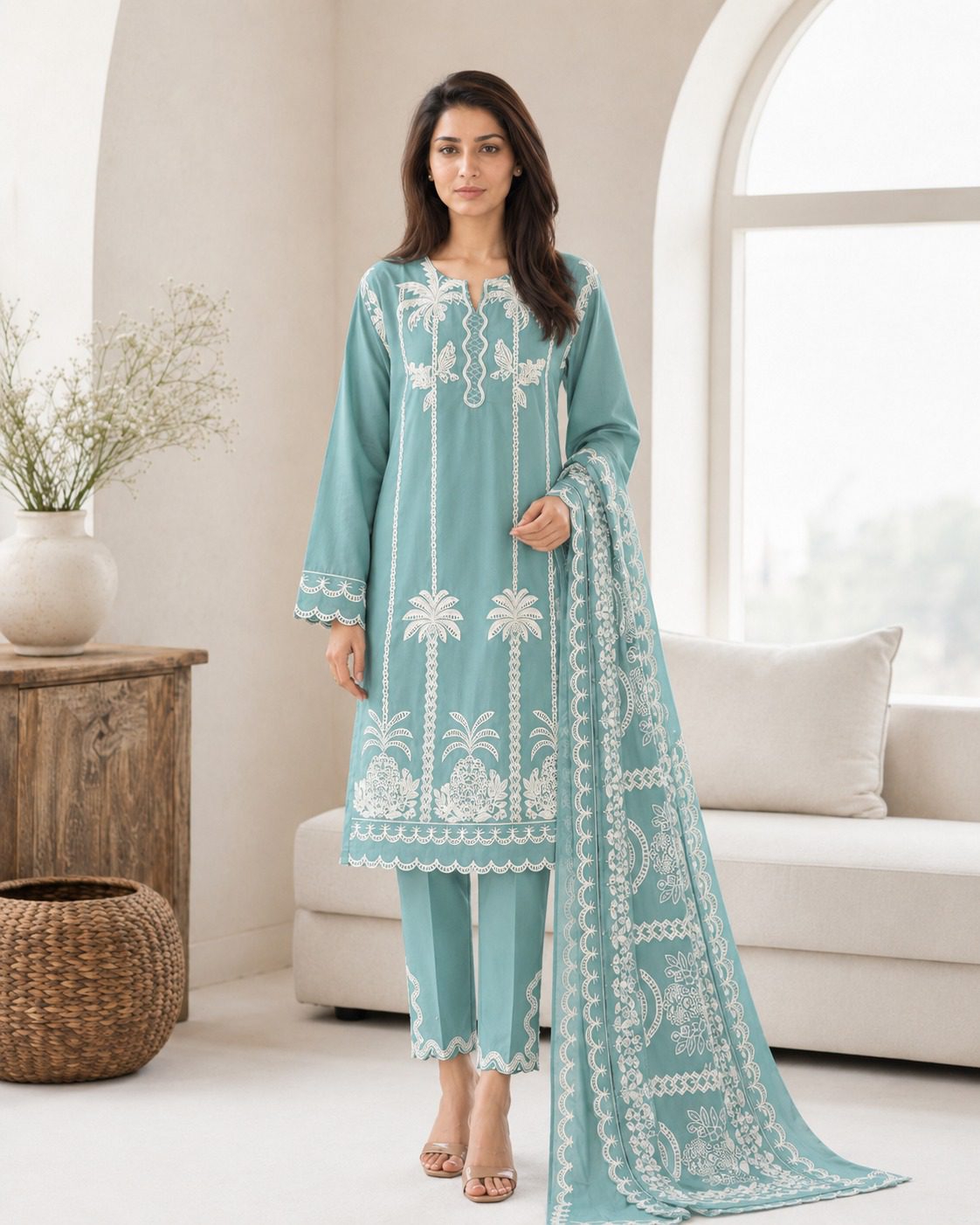 Winter Cotton Suit with Printed Zig Zag Jacquard Dupatta - Image 4