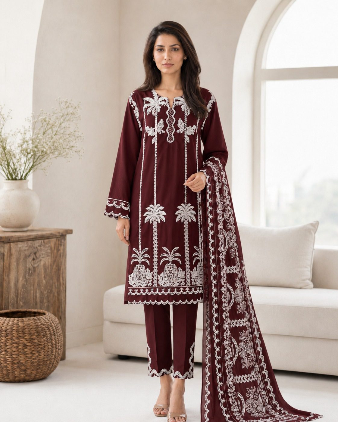 Winter Cotton Suit with Printed Zig Zag Jacquard Dupatta