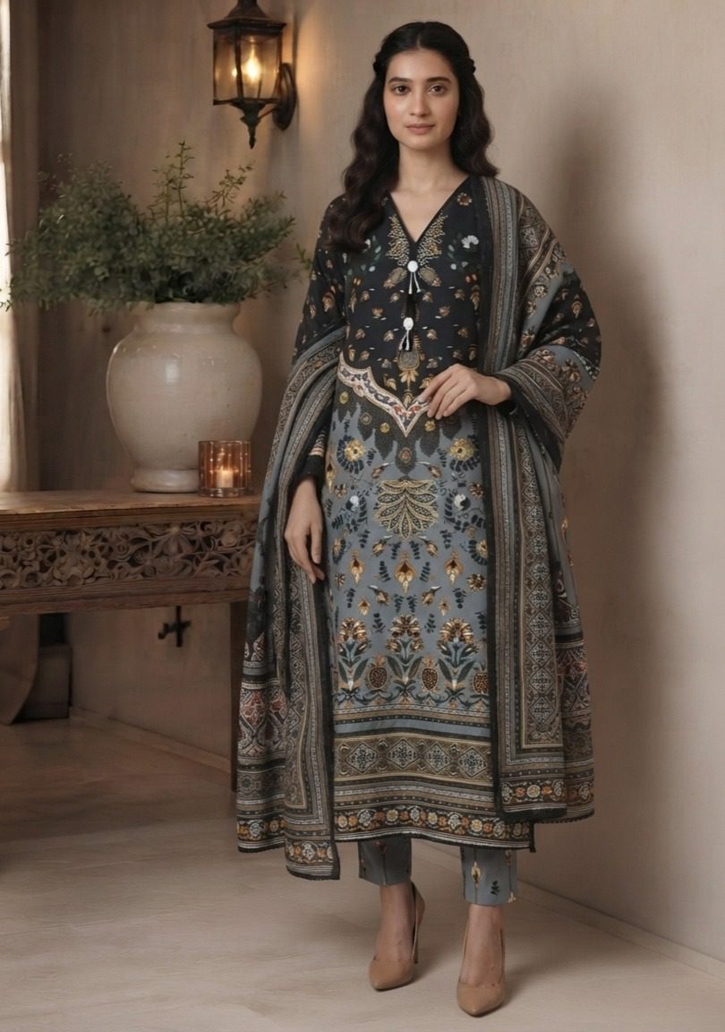 A-Line Maxi with Printed Shafoon Dupatta – Winter Collection