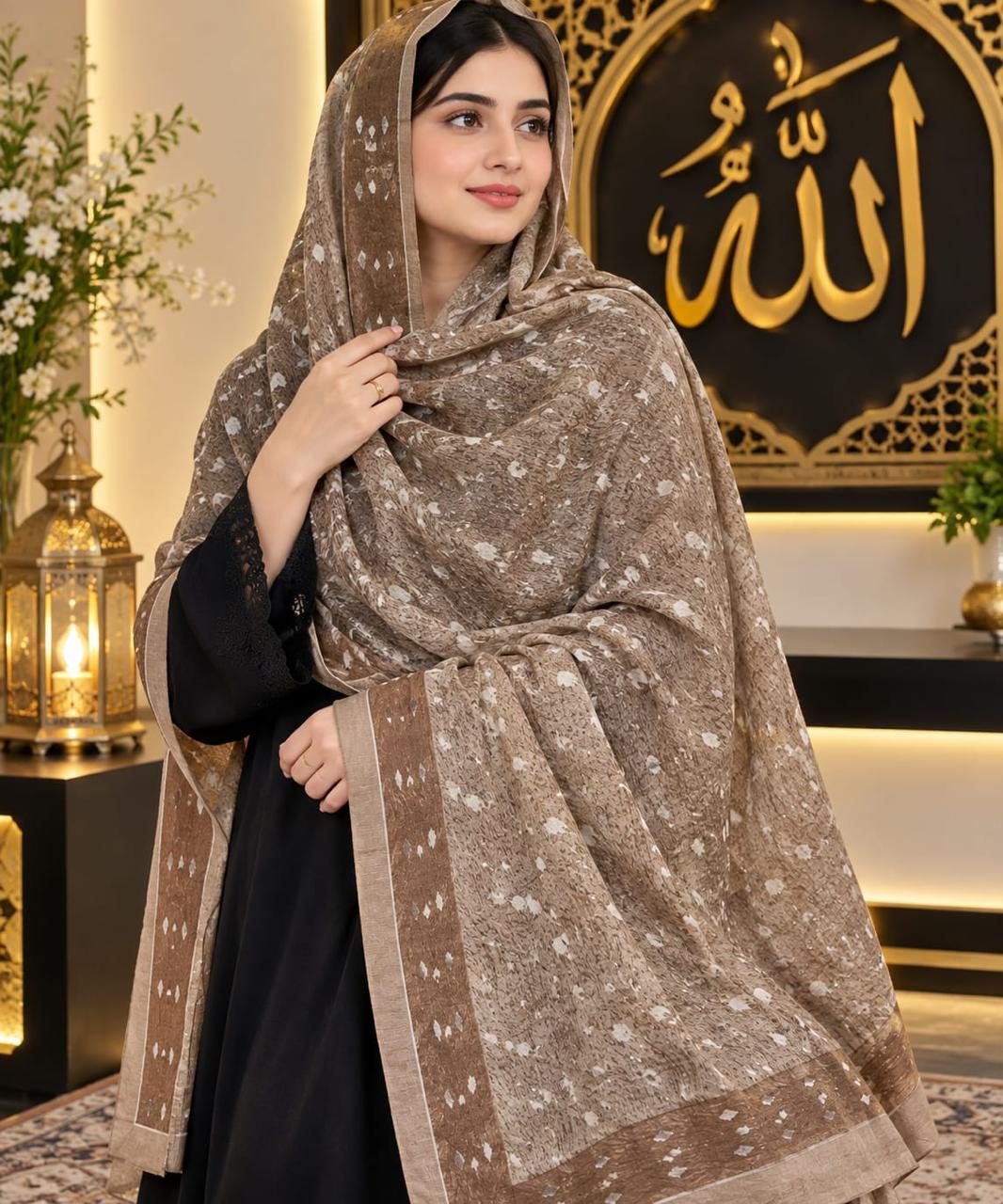 Elegant Brown Printed Chiffon Dupatta with Floral Design