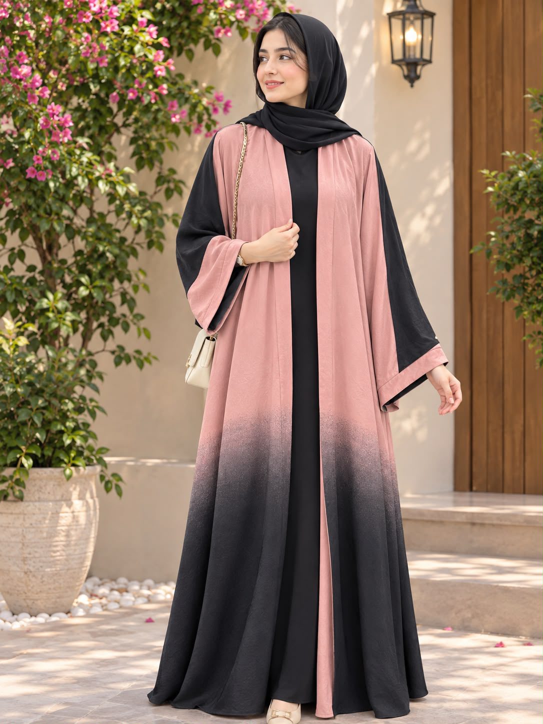 Elegant Mauve Open Abaya with Matching Hijab - Image 2