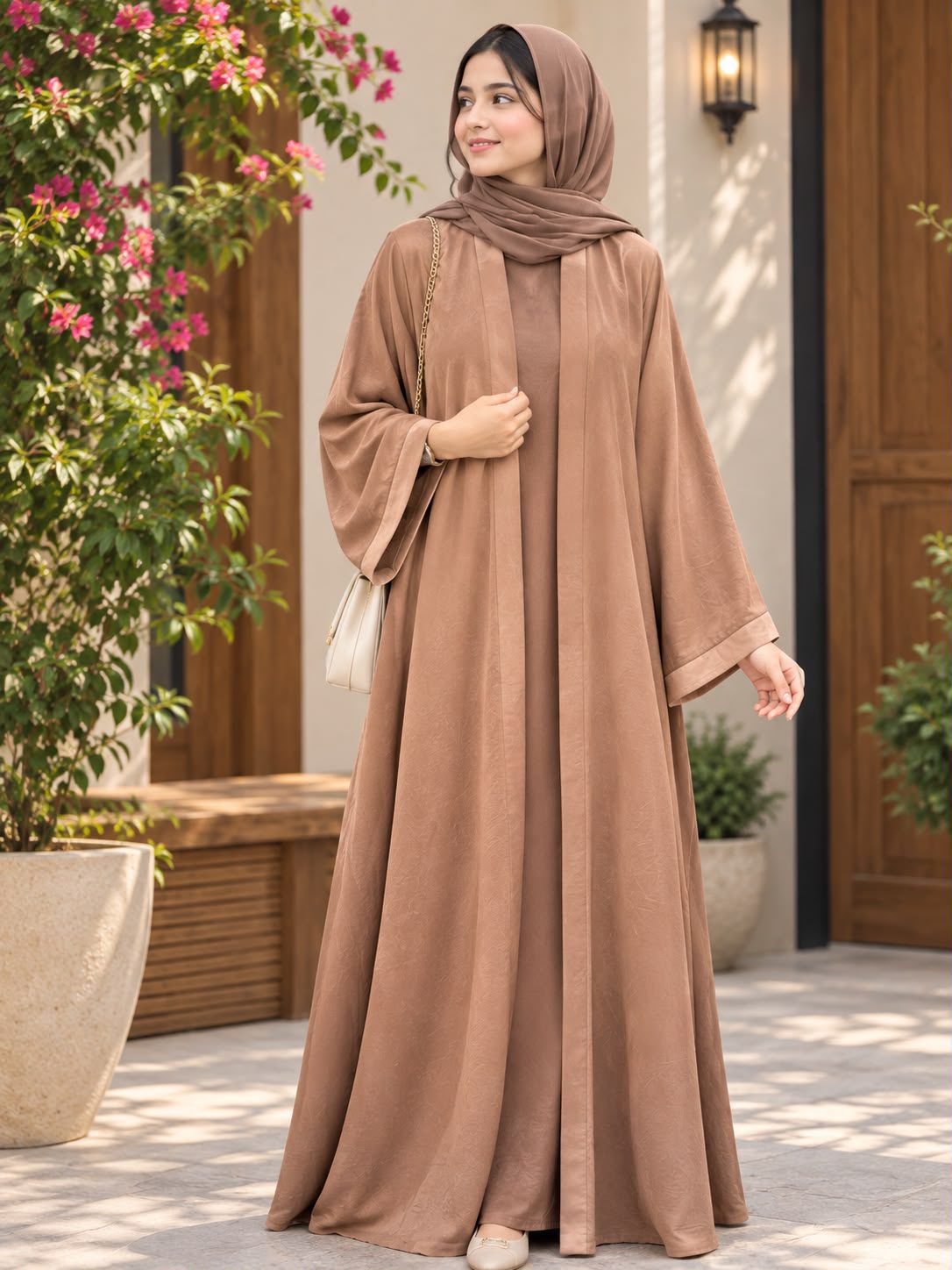 Elegant Mauve Open Abaya with Matching Hijab - Image 3
