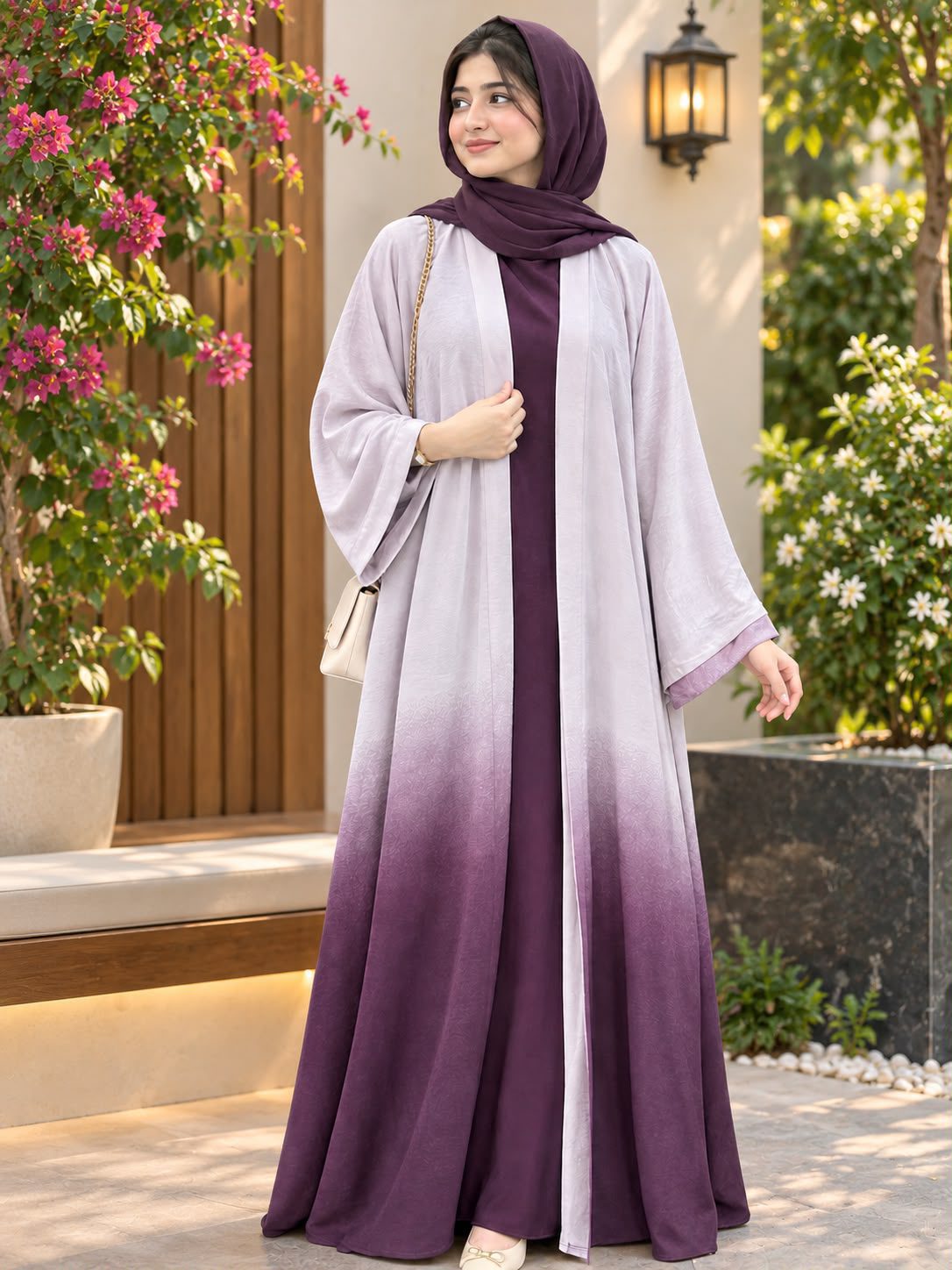 Elegant Mauve Open Abaya with Matching Hijab