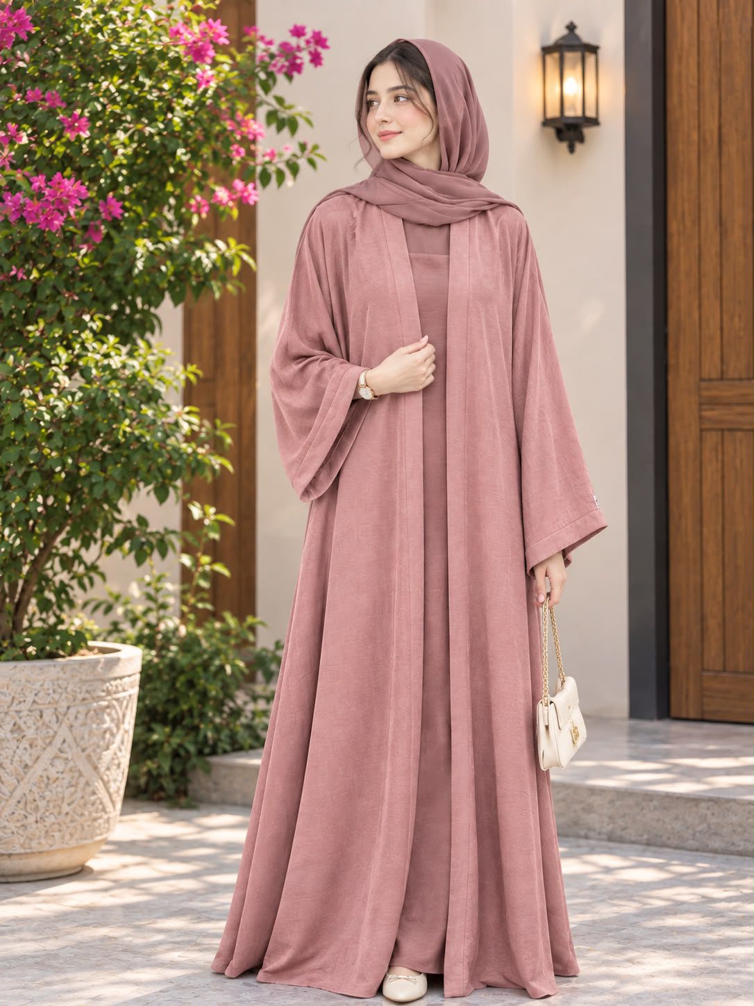 Elegant Mauve Open Abaya with Matching Hijab - Image 5
