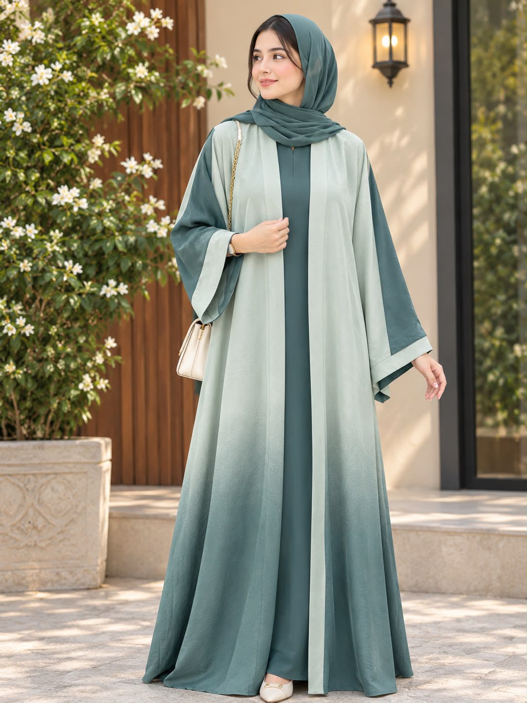 Elegant Mauve Open Abaya with Matching Hijab - Image 4