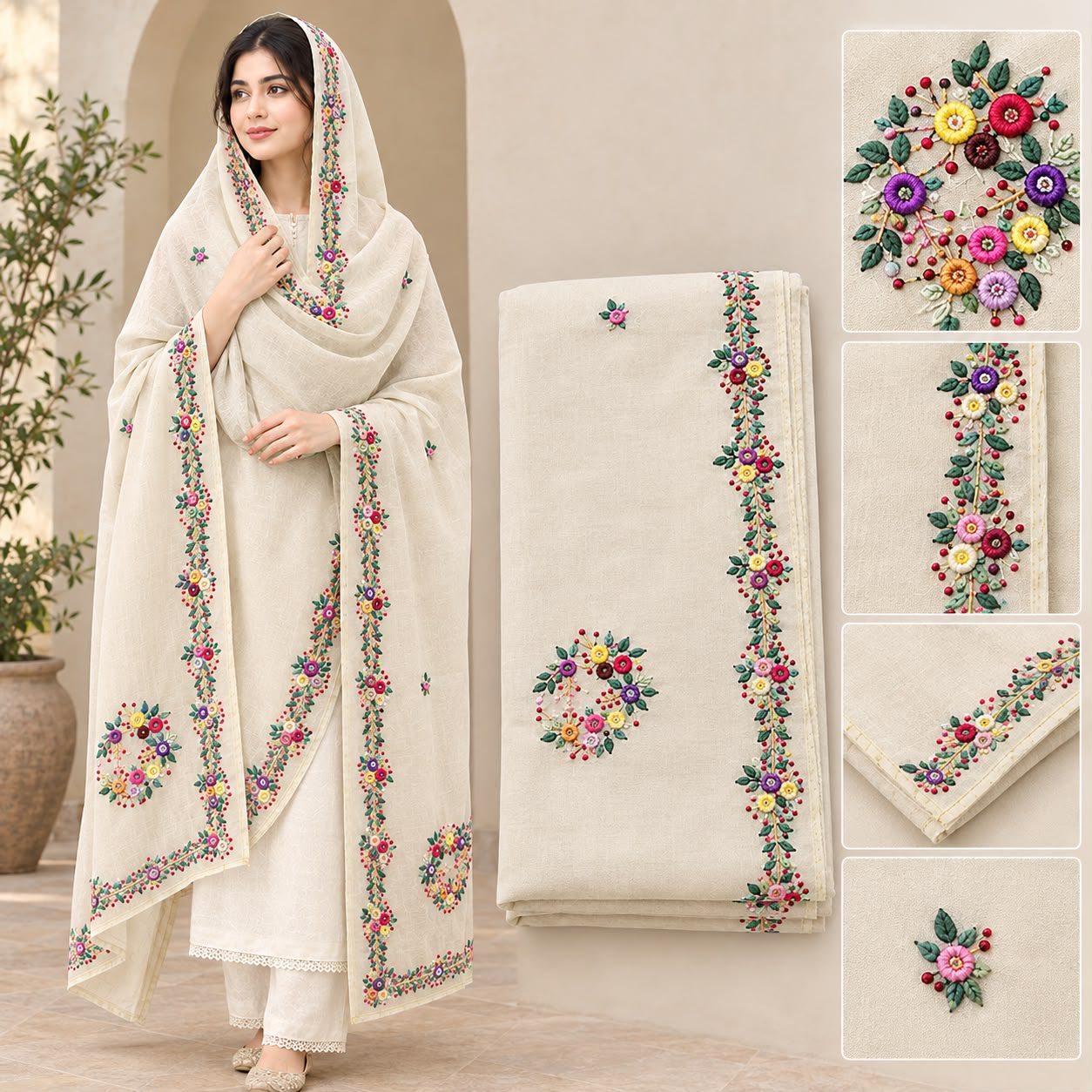 Elegant Grey Embroidered Pattu with Floral Design - Image 2