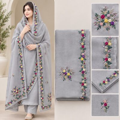 Elegant Grey Embroidered Pattu with Floral Design