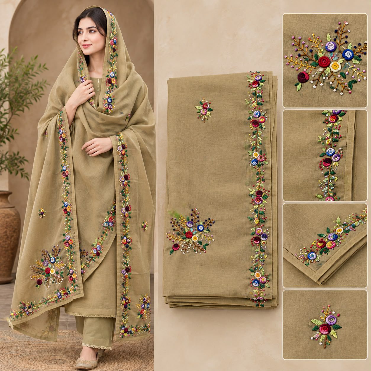 Elegant Grey Embroidered Pattu with Floral Design - Image 3