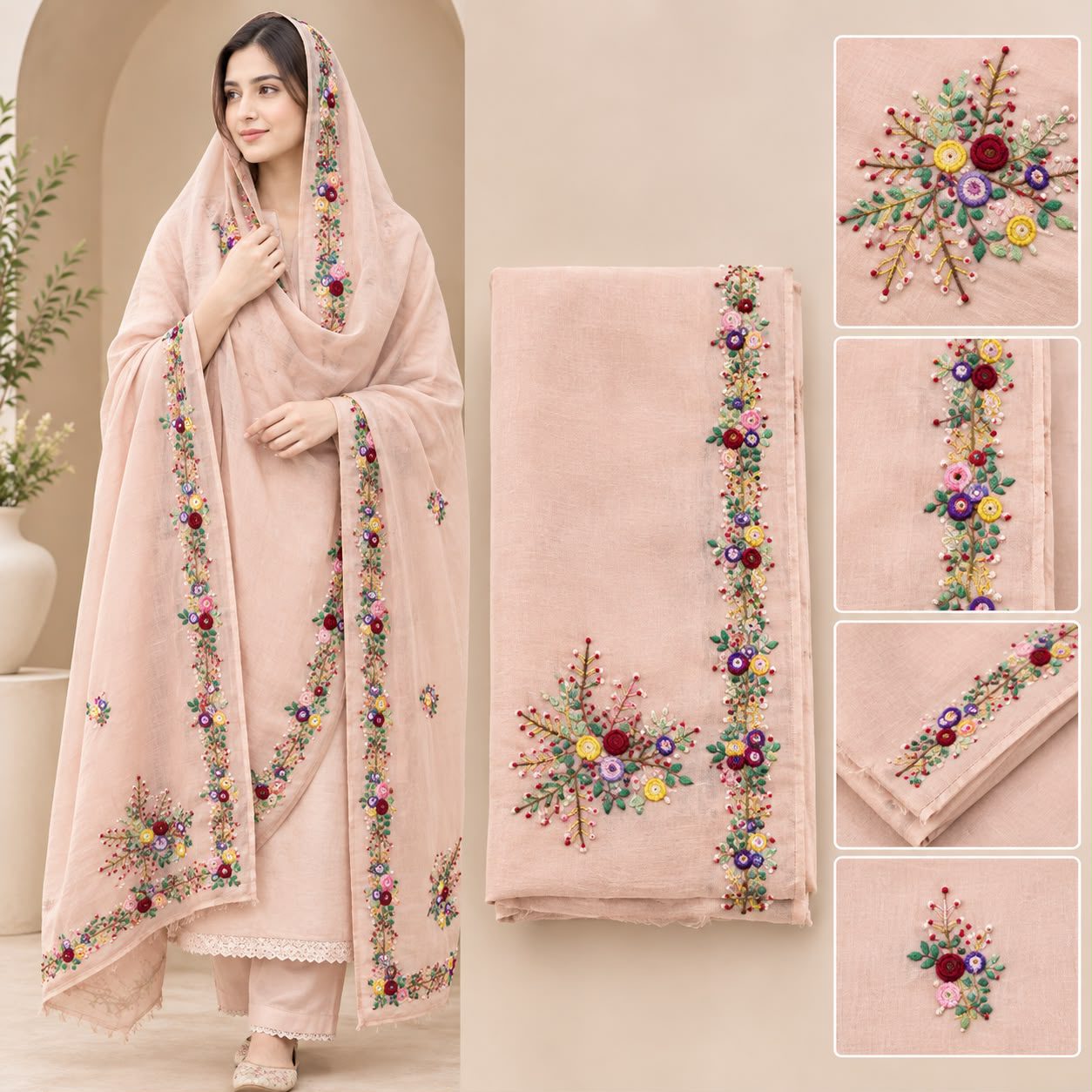 Elegant Grey Embroidered Pattu with Floral Design - Image 4