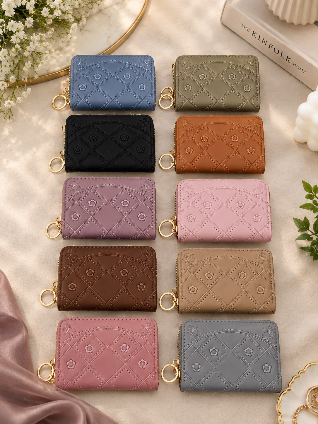 Women's Quilted Small Wallet with Gold Keychain - Image 2