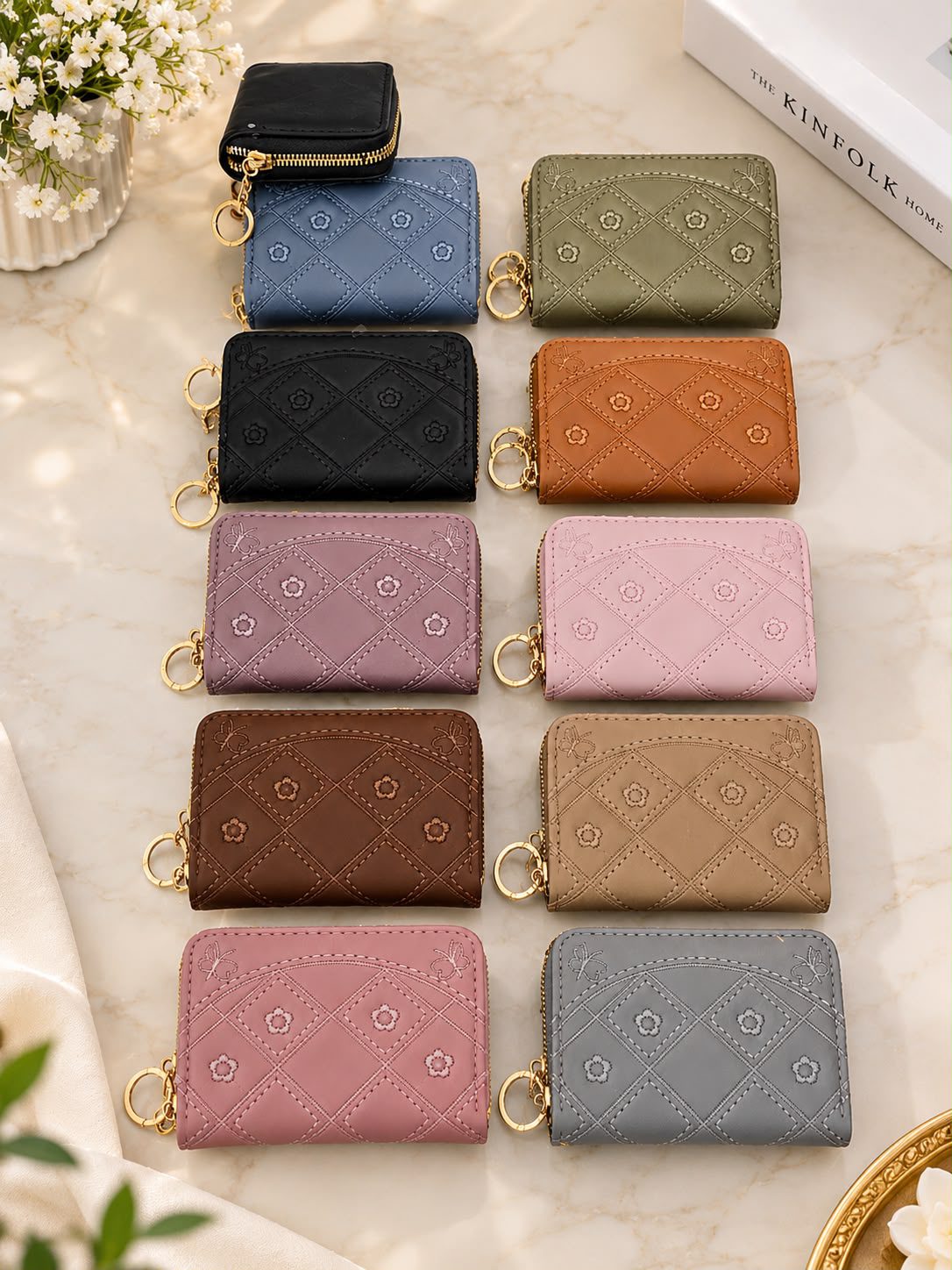 Women's Quilted Small Wallet with Gold Keychain