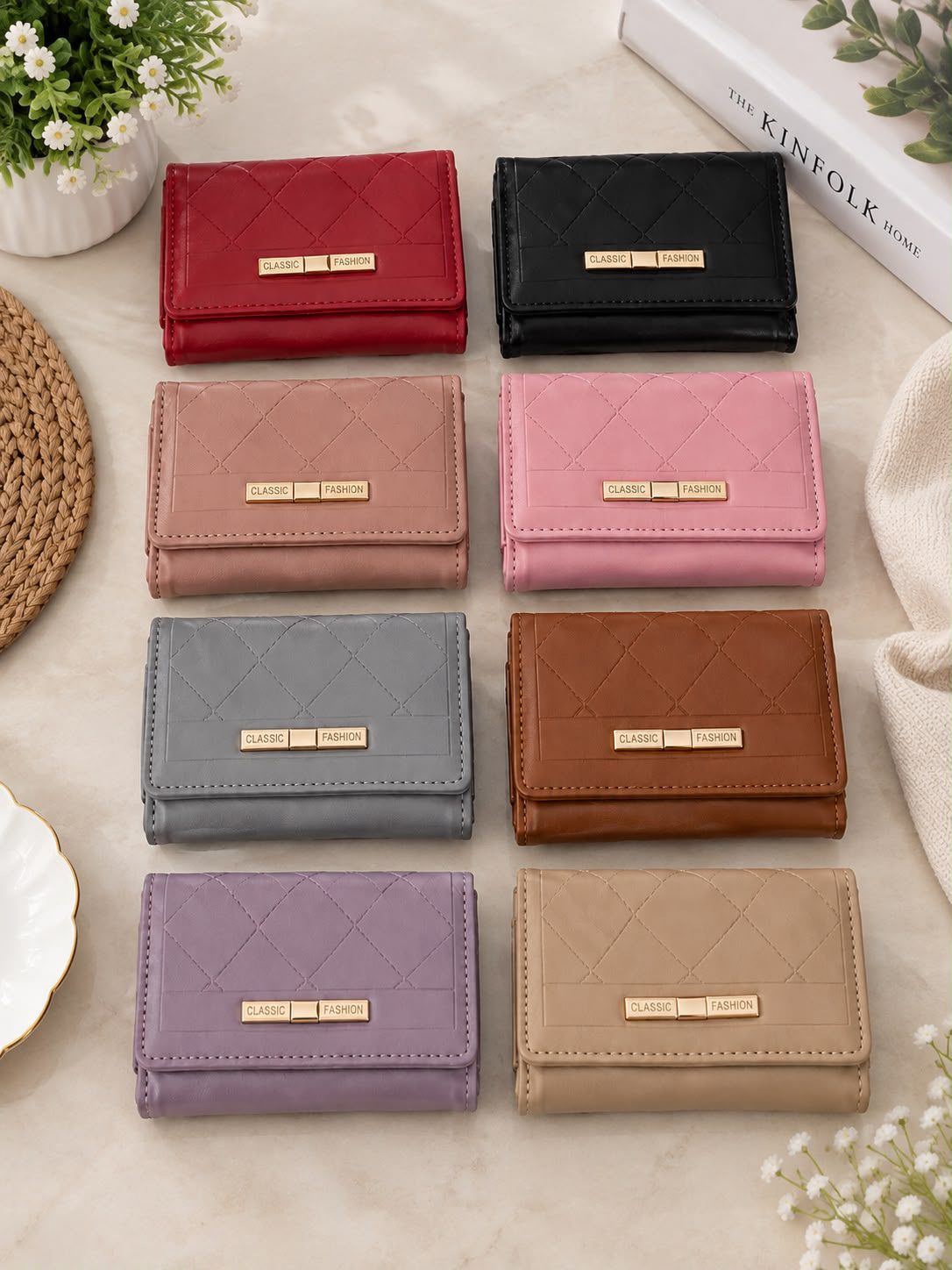Women's Quilted Foldable Wallet with Gold-Tone Detail