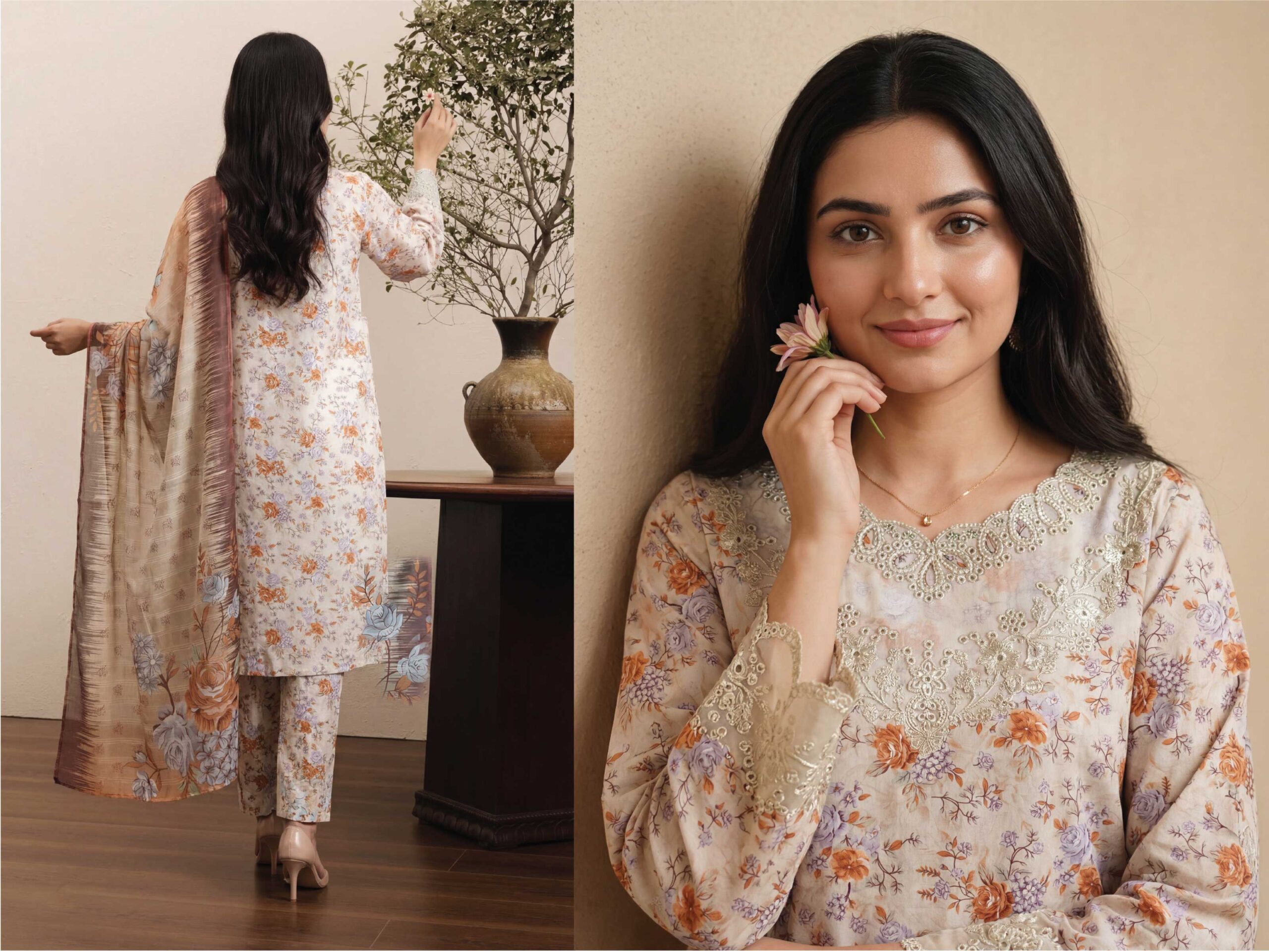 SCARLET Festive Lawn Print Embroidered Suit – Premium 3PC Stitched Lawn - Image 4