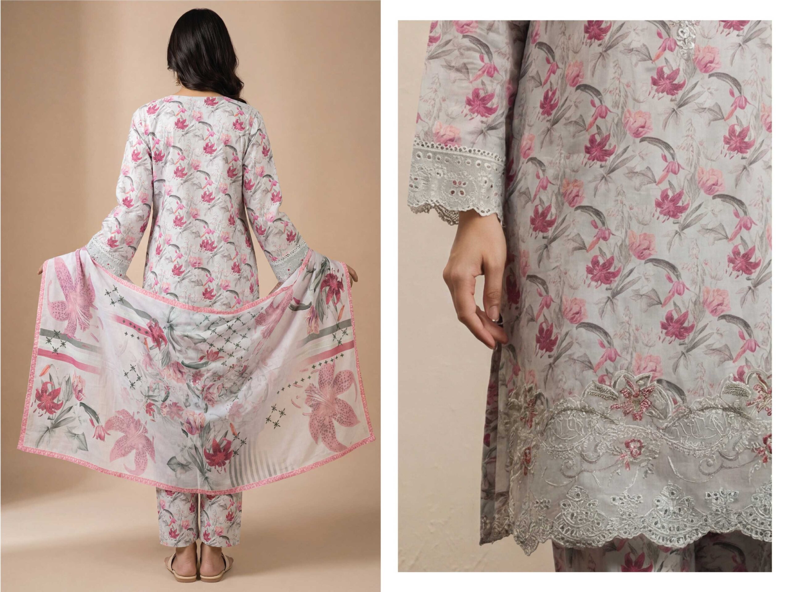 SCARLET Festive Lawn Print Embroidered Suit – Premium 3PC Stitched Lawn - Image 9