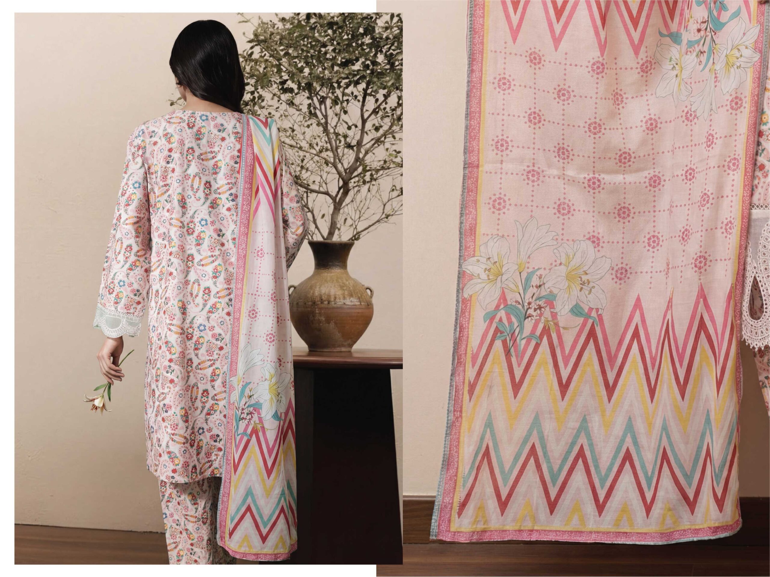SCARLET Festive Lawn Print Embroidered Suit – Premium 3PC Stitched Lawn - Image 11