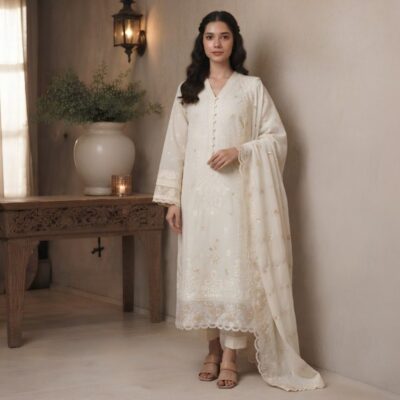 Elegant Winter Cotton 3-Piece Suit with Embroidered Shafoon Dupatta